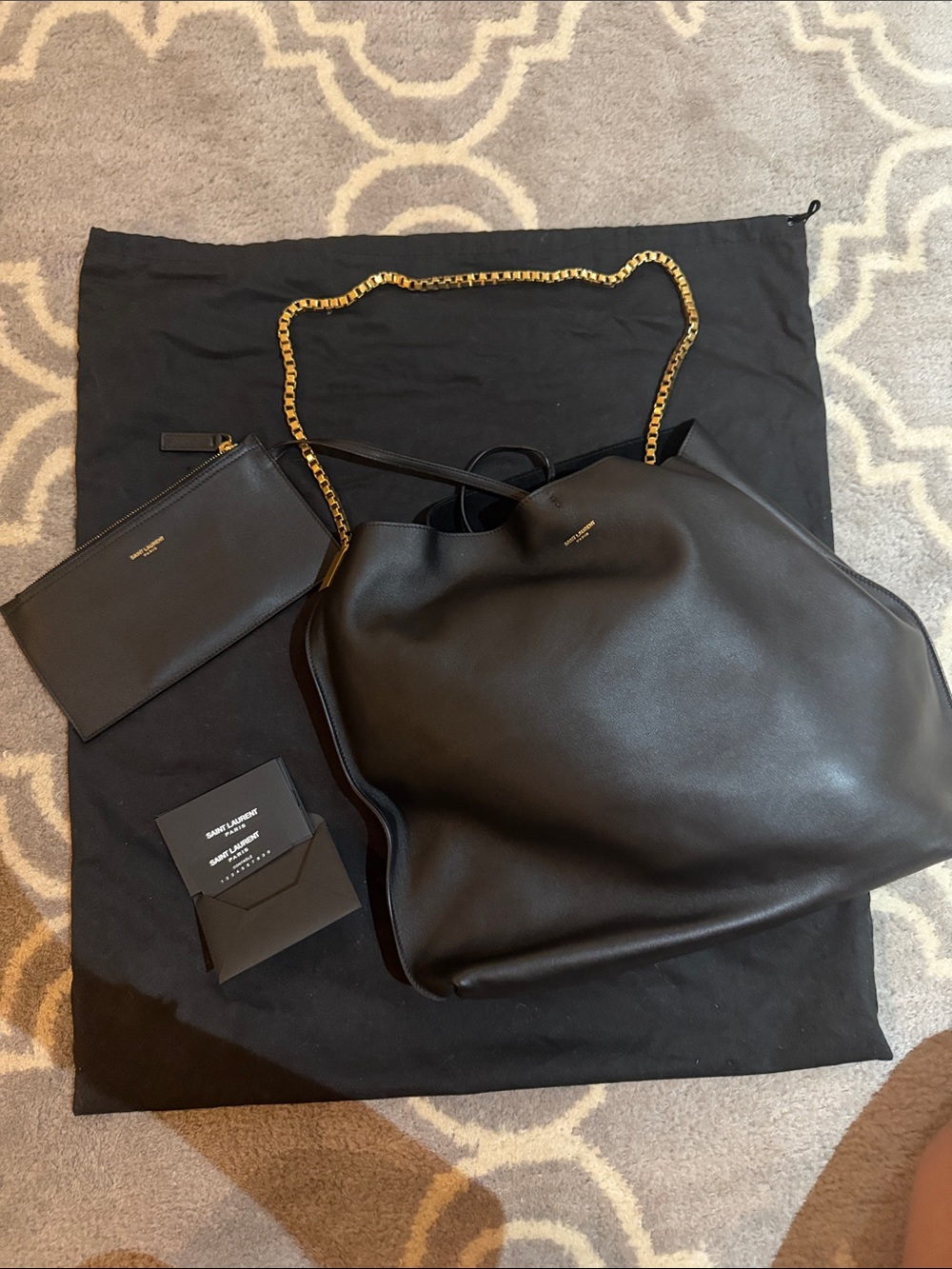 Saint Laurent Black Leather Shoulder Tote with Gold Chain Strap